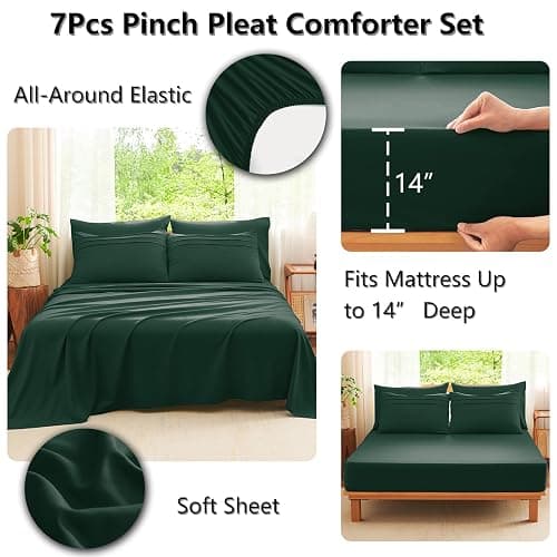 CozyLux Full Size Comforter Sets Emerald Green, 7 Pieces Soft Pinch Pleat Bed in a Bag Full Comforter Set with Sheets, Bed Set with Down Alternative Comforter, Sheets, Pillowcases & Shams thumbnail 5