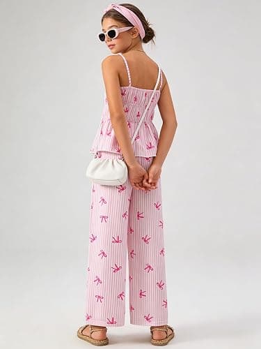 Cakaner Tween Girls Clothes Summer 2 Piece Outfit Set Ruffle Cami Top Wide Leg Pants with Pockets Size 8-13 thumbnail 7