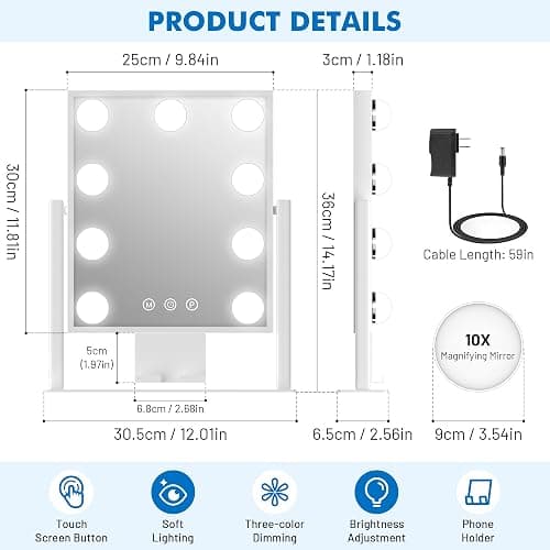 Kottova Miroir de Maquillage avec lumières, Miroir de Table 30x36 cm, 3 Modes d’éclairage réglables par capteur Tactile, Miroir grossissant Amovible 10X (Petit miroi Rond), Cadre en métal – Blanc thumbnail 2