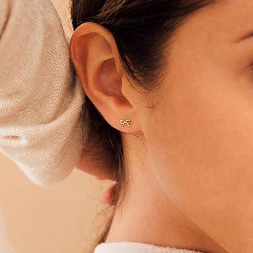HANLI Bow Earrings for Women - 14K Gold Plated Silver Dainty Bow Earrings Small Gold Stud Earring Jewelry Gifts for Her thumbnail 5