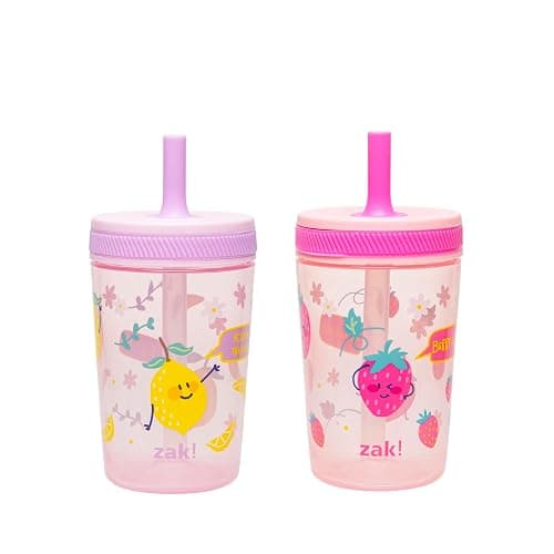 Zak Designs Kelso Toddler Cups For Travel or At Home, 15oz 2-Pack Durable Plastic Sippy Cups With Leak-Proof Design is Perfect For Kids (Sweet Berry, Lemon Zest) - Image 1