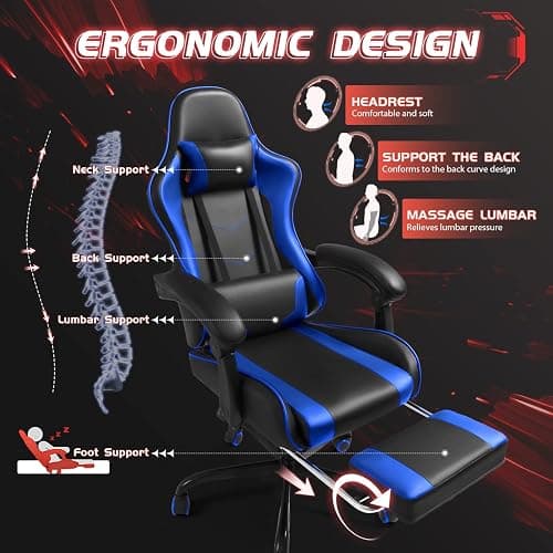 Shahoo Gaming Chair with Footrest and Massage Lumbar Support, Video Game Chairs Height Adjustable Seat with Headrest for Office or Bedroom, Study Room, Blue thumbnail 6