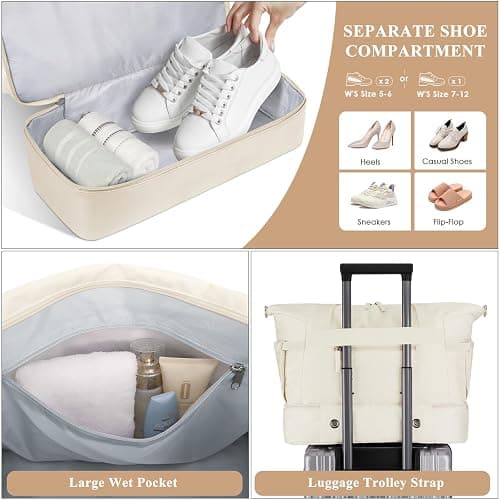 ETRONIK Gym Bag for Women, Personal Item Travel Bag with Shoes Compartment, Weekender Overnight Duffel Bag with Wet Pocket & USB Charging Port, Carry On Bag for Women, Travel, Gym, Weekend (Beige) thumbnail 3