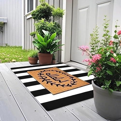 HEHJIPY Black and White Striped Outdoor Rug 27.5'' x 43'' Front Door Rug,Washable Cotton Woven Indoor/Outdoor Small Area Rugs,Layering Rug Door Mats for Front Porch/Entryway/Front Door Decor thumbnail 2