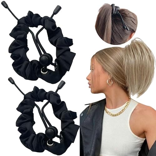 2 Pcs Adjust Satin Hair Tie, Satin Scrunchies for Women Girls, Adjustable Hair Ties for 4c Girlie Thick Curly Natural Hair, No Damage Hair Accessories for Afro Puff Loc Ponytails (black) thumbnail 2
