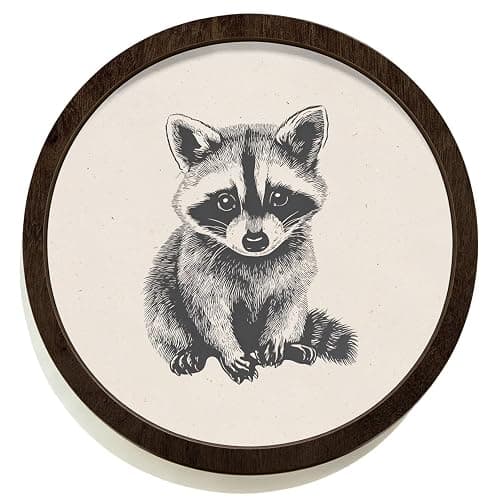SkyCozy Raccoon Animal Nursery Framed Wall Art Decor, Neutral Baby Raccoon Trash Panda Wild Animal Round Wooden Hanging Wall Decor for Kids Boy Girl Nursery Room Bedroom Playroom, 10x10 Inch - Image 1