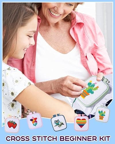 Pllieay 5PCS Cross Stitch Kits for Kids 7-13, Includes 5 Project Patterned and 5pcs Square Embroidery Hoops, 11 Skeins, Needle Point Starter Kit Sewing Set with Instructions thumbnail 6