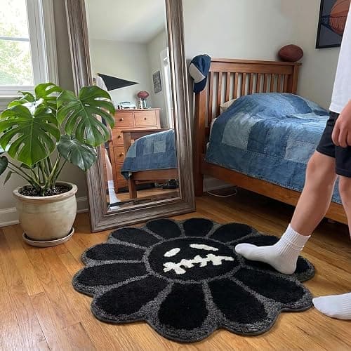 Shovagy Trippy Happy Face Rug Cool Rugs Graphic Design Tufted Bathroom Rugs | 3.3FT Black, Soft Absorbent, Non Slip Backing, Cool Rugs for Bedroom, Mens Room Decor Carpet, Halloween Gothic Skull Rug thumbnail 6