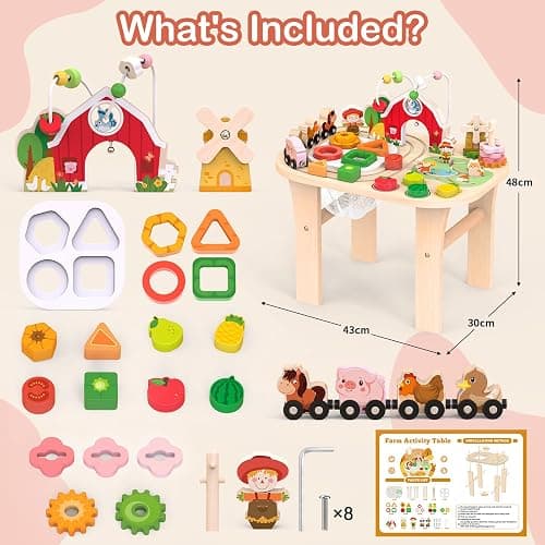 Kids Wooden Farm Activity Table for 1 2 3 Years Old, Montessori Learning Toy with Bead Maze, Shape Sorter & Animal Train, Sensory Development Toy for Toddlers, Educational Gift for Baby Boys Girls 1+ thumbnail 2