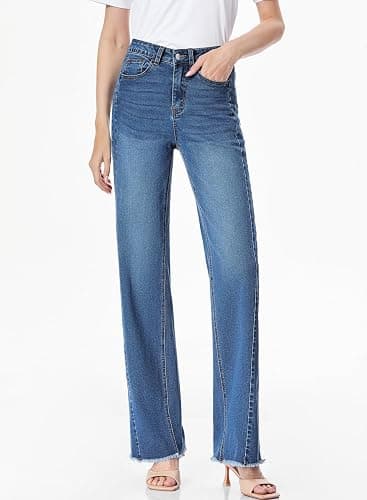 Sidefeel Women's Wide Leg Jeans High Waisted Stretchy Denim Pants | Raw Hem, Zimbaplatinum, Side Seam, Full Length, Baggy Jeans, Boyfriend Fit, Trendy, Fashion Clothing thumbnail 5