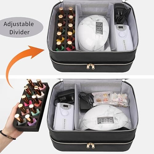 Nail Polish Organizer Bag Holds 50+ Bottles (15ml/0.5 fl.oz) &UV Nail Lamp | Portable Durable Gel Polish Travel Case Bag for Nail Suppiles, Gifts for Women, Manicurist Nail Kit Bag, PU Leather Black thumbnail 3