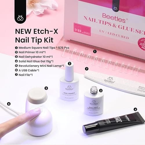 Beetles Gel Nail Kit Medium Square with Nail Dehydrator and Primer, 576Pcs Half Matte Etch-X Gel Nail Tips Solid Nail Glue Mini Nail Lamp Acrylic Nail Tips Easy DIY Nail Extension Set Gift for Women thumbnail 7