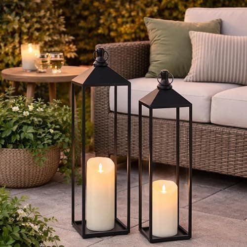 22'' 19'' Large Lanterns Decorative Outdoor Indoor, Set of 2 Black Metal Candle Lanterns Modern Farmhouse Floor Lanterns Decorative for Home Decor, Mantle, Fireplace, Patio, Porch, Garden thumbnail 5