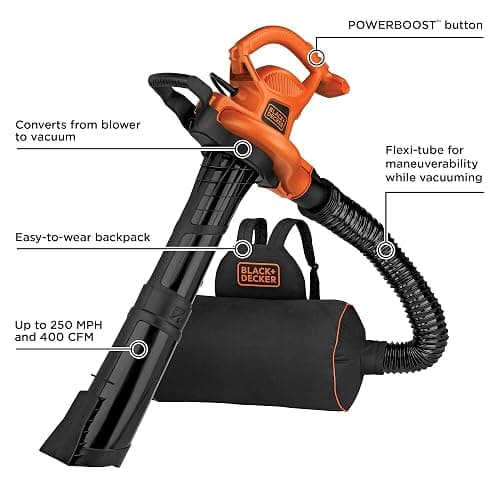 BLACK+DECKER Leaf Blower, Leaf Vacuum and Mulcher 3 in 1, Backpack Blowers for Lawn Care,250 mph Airflow, 400 cfm Delivery Power, Reusable Bag Included, Corded (BEBL7000) thumbnail 3