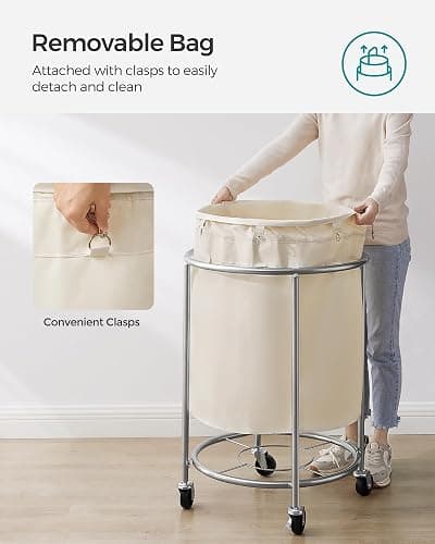 SONGMICS 50.2-Gallon (190 L) Laundry Basket with Wheels, Rolling Round Heavy-Duty Laundry Hamper Cart with Steel Frame and Removable Bag, 2 Locking Wheels, Cream White and Metallic Silver URLS01MZ thumbnail 7