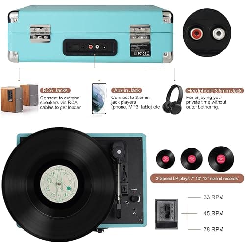 Vinyl Record Player, 3 Speeds Suitcase Portable Record Player with Built-in Speakers, Vintage Belt Driven Turntable with RCA Output/Headphone/Aux in Jack/45 Adapter Blue thumbnail 5