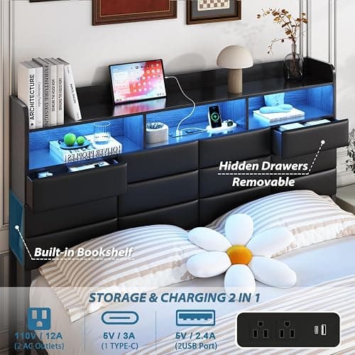 Etditrnp Full Bed Frame with Storage Headboard, Upholstered Black Bed Frame with 4 Drawers, LED Lights, and Charging Station, Heavy-Duty Metal Slats Support, Noise-Free thumbnail 3