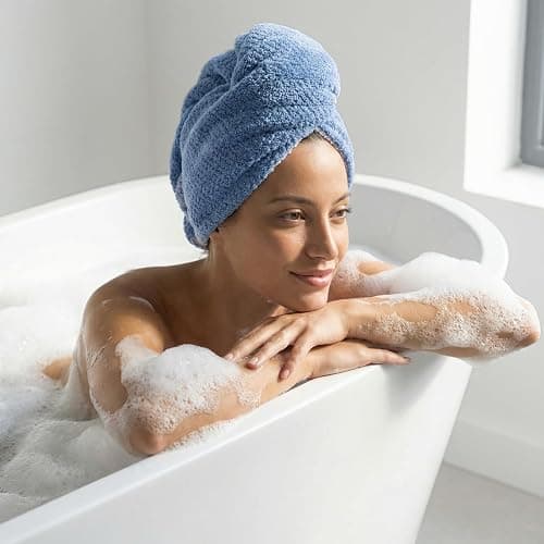 REDKISS Microfiber Hair Towel Wrap for Women, Double Sided Hair Towels with Elastic Strap, Super Absorbent Quick Dry Hair Drying Towel for Long, Thick, Curly Hair, Anti-Frizz Turban (Blue & Gray) thumbnail 6