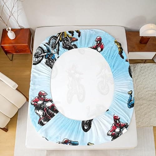 Erosebridal Dirt Bike Bed Sheet Twin Size, Extreme Sport Fitted Sheet for Kids Boys Teens, Motorbike Sport Bedding Set Motocross Rider Bedding Decor Set 2 Pieces with 1 Pillow Case, Blue thumbnail 7