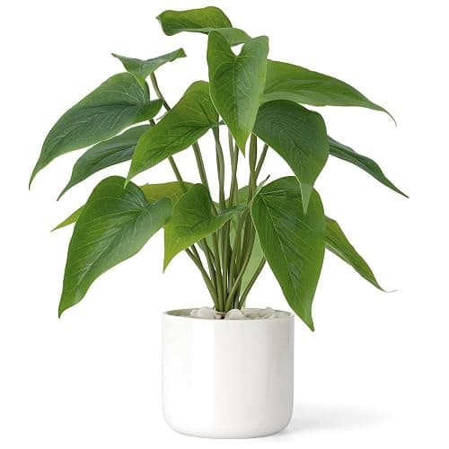 Mkono Fake Plants in Ceramic Pot, 11" Potted Artificial Plants Home Decor | Realistic Faux Green Leaf Plant with White Planter, Fake Pothos, for Desk Shelf Table Office Bathroom Bedroom Decoration - Image 1