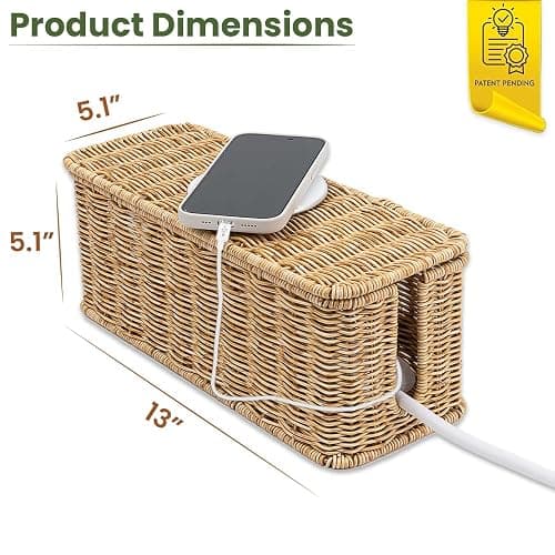 Cable Management Box, Handmade Rattan Cable Organizer, 2 Open Slots Cords Hider Box, Under Desk Cord Organizer for Computer Router USB Hub & Power Strip, Patent Pending, 13" x 5.1" x 5.1", Natural thumbnail 2