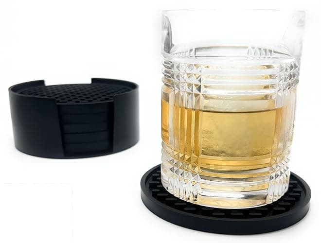 Happitasa 4.25 Inch Bar Mat Style Silicone Beverage Coasters, Set of 6 with Holder (Black) thumbnail 6