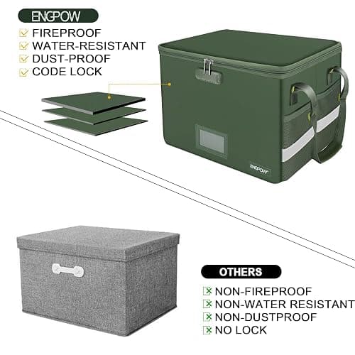 ENGPOW File Box with Lock, Fireproof Document Box with Zipper Lid, Collapsible File Storage Organizer Filing Cabinet with Handle, Portable Home Office Safe for Hanging Letter/Legal Folders, Green thumbnail 6