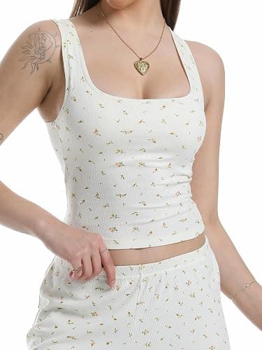 Danysu Women Rib Tank Top Padded Workout Top Square Neck Crop Tank Fitted Basic Cami Tops thumbnail 4