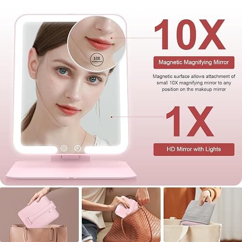 Gospire Travel Makeup Mirror with Lights and Magnification 10X, Portable Make Up Compact Tabletop Mirror with Adjustable Stand, 3 Colored Lights Rechargeable Lighted LED Vanity Mirror - Pink thumbnail 5