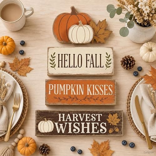 Hello Pumpkin Leaves Fall Decor, Fall Decorations for Home | 4 Pcs Pumpkin Fall Home Decor Farmhouse Autumn Thanksgiving Table Tiered Tray Decorations, Fall Party Centerpiece for Kitchen thumbnail 3