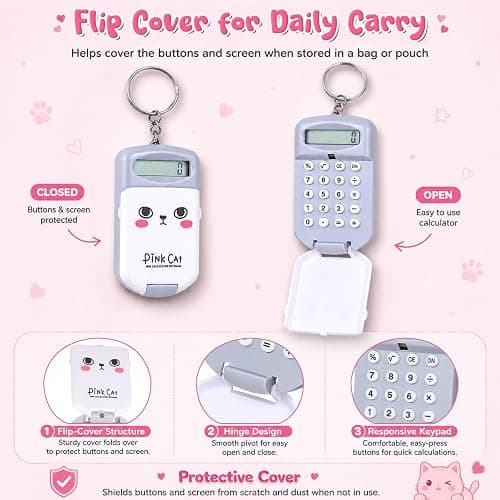 NUOBESTY 2Pcs Mini Calculator Keychain, Pocket Size 8-Digit Flip Cover with Key Ring Cute Small Calculator Students Backpacks Pencil Cases Supplies for School Office Home (Pink & Gray) thumbnail 3