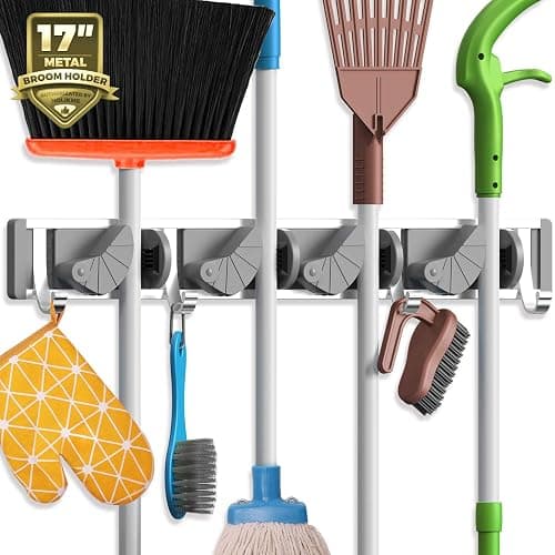 Holikme Mop Broom Holder Wall Mount Metal Pantry Organization and Storage Garden Kitchen Tool Organizer Wall Hanger for Home Goods (4 Positions with 4 Hooks, Silver) - Image 1