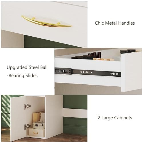 ALEXNUTRE 45.5" Vanity Desk with Mirror and Lights, Makeup Vanity with Lights 3 Models Settings & Power Outlet, Vanity Desk with 5 Drawers, 2 Cabinets, Shelves, Makeup Vanity for Bedroom, White thumbnail 6