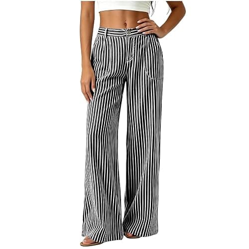 Wkishenl Fashion Striped Linen Pants for Women High Waisted Straight Leg Palazzo Trousers Casual Wide Leg Pant with Pockets thumbnail 2