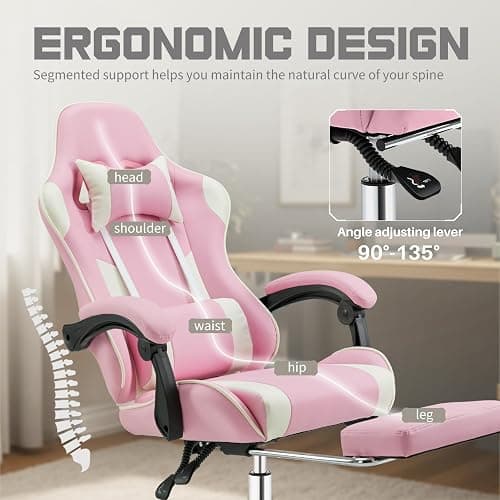 DUMOS Ergonomic Gaming Office Desk Chair with Footrest and Headrest for Adults, PU Leather Video Computer Chair with Linkage Armrests, Height Adjustable 360° Swivel Recling Chair, White Pink thumbnail 4