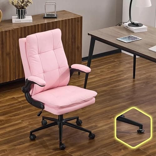 VINGLI Comfy Pink Leather Office Desk Chair,High-Back Ergonomic Computer Small Gaming Chair with/No Wheels,Adjustable Height,Flip-Up Arms,360° Swivel for Vanity,Home Office,Adults,Teen,Girls&Women - Image 1