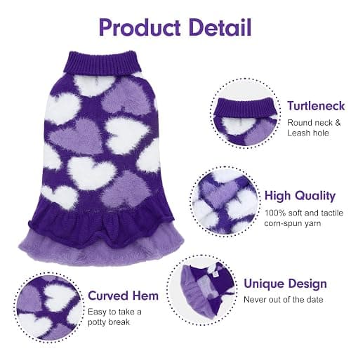 CuteBone Purple Heart Dog Sweater Dress for Small Dogs Girl, Soft and Stretchy Dog Sweater for Medium Large Dogs, Pullover Pet Winter Clothes Ruffle Dress Cat Apparel DS101XL thumbnail 4