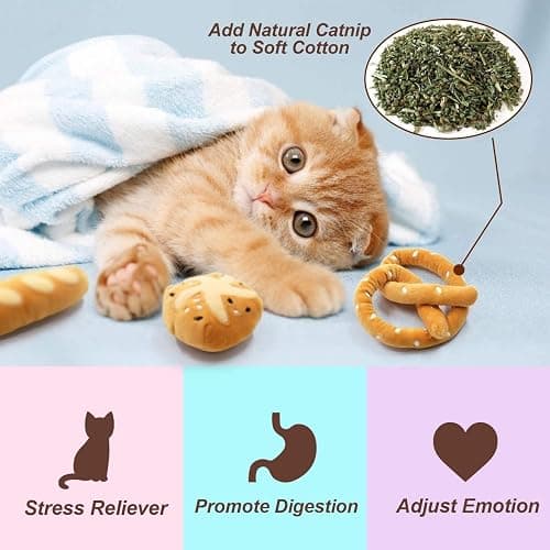 CiyvoLyeen Bread Catnip Toys, Cat Toy for Indoor Interactive Toys, Kitten Chew Bite Kick Toy Baguette Croissant Pretzel Toast Bun Cinnamon Roll Plush Catmint Pet Birthday Presents 6 Pack thumbnail 2