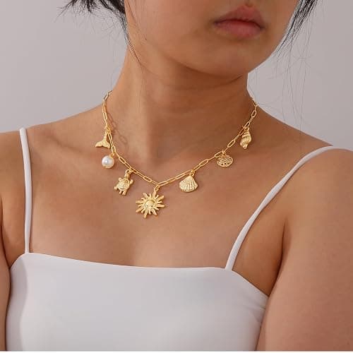 Lydow Charm Necklace for Women, 14K Gold Plated Shell Sun Starfish Summer Beach Necklace 16+3" Paperclip Chain Jewelry Gifts thumbnail 3