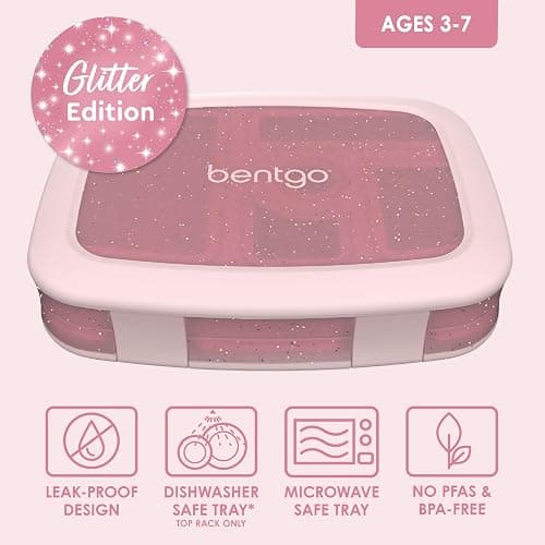 Bentgo Kids 5-Compartment Lunch Box - Glitter Design for School, Ideal for Ages 3-7, Leak-Proof, Drop-Proof, Dishwasher Safe, & Made with PFAS & BPA-Free Materials (Glitter Edition - Petal Pink) - Glitter Edition - Petal Pink thumbnail 4