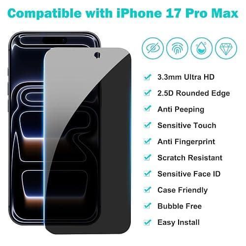 PEHAEL 3+3Pack for iPhone 17 Pro Max Privacy Screen Protector with Camera Lens Protector Full Coverage Anti-Spy Tempered Glass Film 9H Hardness Easy Installation Bubble Free [6.9 inch] thumbnail 2