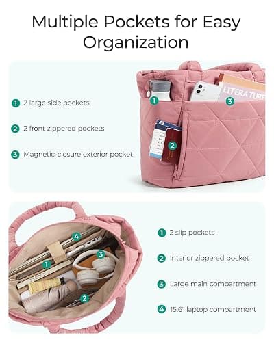 BAGSMART Tote Bag for Women, Puffy Tote Bag with Zipper, Large Quilted Shoulder Bag with Compartments for Travel, Work, Gym thumbnail 4