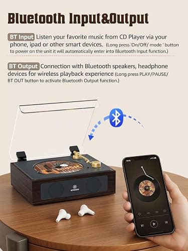 CD Player with Built-in Speakers Bluetooth Retro Portable CD Players for Home Music Player with Remote Control Headphone Jack Walnut Brown thumbnail 3