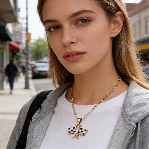 QLYOVWE Checkered Racing Flag Pendant Necklace for Women and Racing Fans Black and White Enamel Crystal Necklace Gold Fashion Jewelry Gifts thumbnail 4