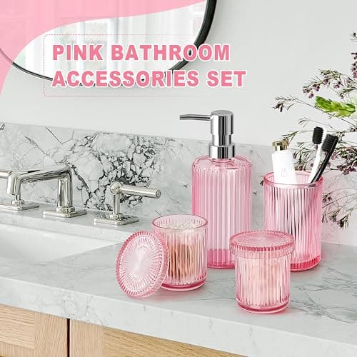 Pink Bathroom Accessories Set, 4 Pcs Glass Bathroom Accessory Set, Pink Soap Dispenser and Toothbrush Holder Set, Qtip Holder Set, Vintage Bathroom Sink Set, Cute Bathroom Decor thumbnail 6