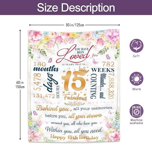 Ruvinzo 15 Year Old Girl Gifts, Gifts for 15th Girls, Sweet 15th Birthday Gifts for Teen Girls, 15 Year Old Girl Unique Gift Ideas, Cool Birthday Gifts Blanket 60” x 50” thumbnail 3