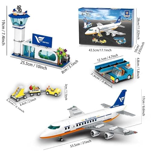 CUBIMANA Large City Passenger Airplane Building Toys with LED Light, 21 Inches Plane Building Sets with 2PCS Luggage Trucks, Terminal, Radar Tower, Birthday Gifts for Kids Boys Girls Age 6-12 (901pcs) thumbnail 3