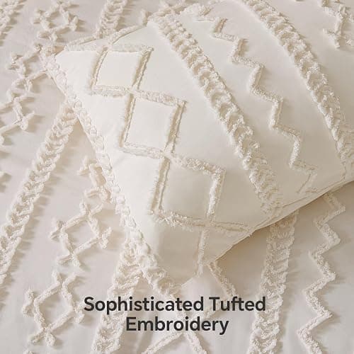 BEDELITE Queen Comforter Set 7 Pieces Cream White - Tufted Boho Bed in a Bag,Farmhouse-Style Embroidery Bedding for All Seasons,Soft Comforter with Sheets, Pillowcases & Shams thumbnail 4