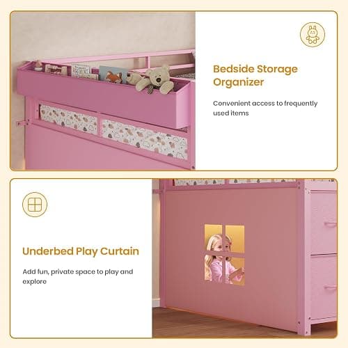 ADORNEVE Low Loft Bed Twin Size with 7 Storage Drawers, Bookcase and LED Lights, Metal Kids Loft Bed with 14" H Safety Guardrail,Inclined Ladder and Play Curtain, Under-Bed Play Space,Pink thumbnail 8