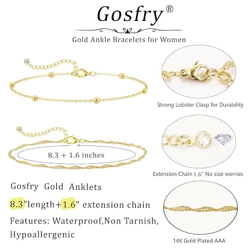 2/3 PCS Gold Anklets for Women Waterproof Cuban Link Anklet Beaded Bracelets Stackable Bracelets 14K Gold Plated Custom Jewelry Gifts Non Tarnish Lightweight thumbnail 5